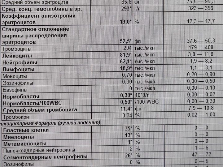 Бланк ОАК: лейкоцитоз 81,9×10⁹/л и 35% бластных клеток в лейкоформуле