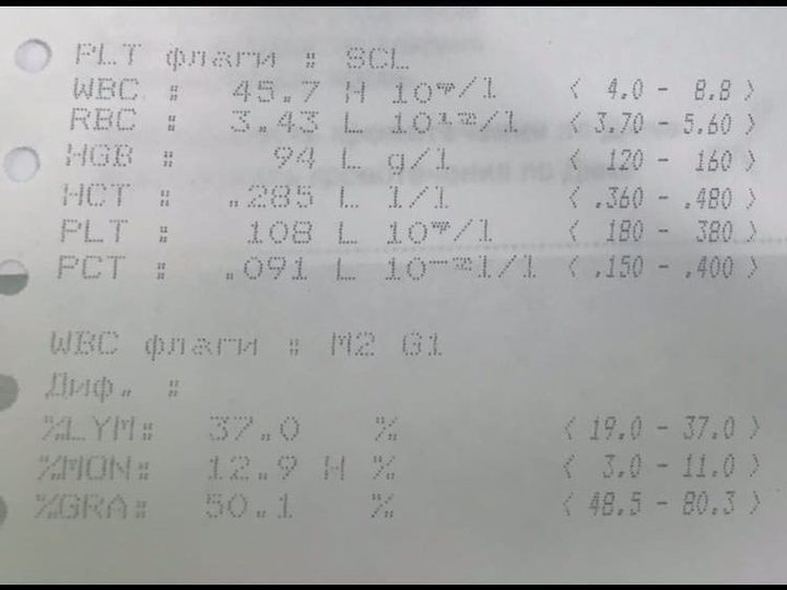распечатка анализатора: лейкоцитоз 45,7×10⁹/л, анемия, тромбоцитопения и флаги прибора