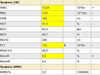 Распечатка гематологического анализатора с показателями CBC и NRBC