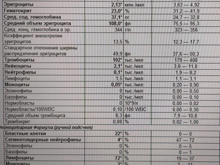 Бланк ОАК: лейкопения 2,1×10⁹/л, анемия, тромбоцитопения и 22% бластов