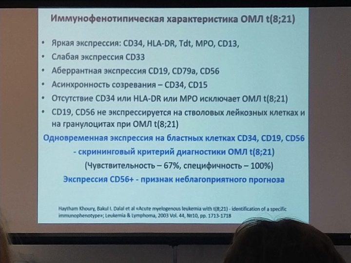 Слайд презентации с иммунофенотипическими критериями бластов при ОМЛ с t(8;21)