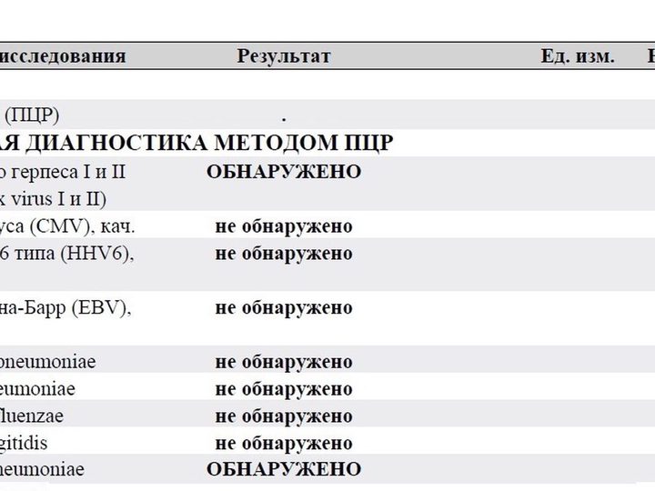 PCR test form: herpes simplex DNA and Streptococcus pneumoniae detected