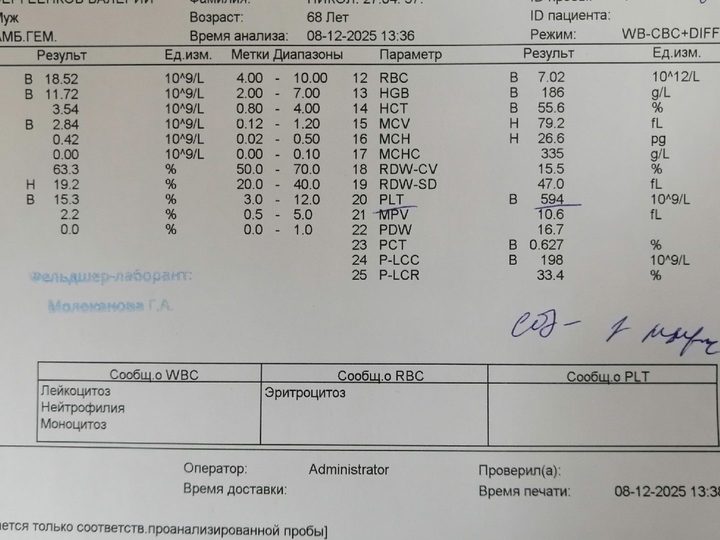 Hematology analyzer printout: leukocytosis, erythrocytosis, and thrombocytosis