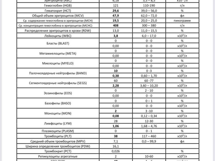 Бланк общего анализа крови: тромбоцитопения 38×10⁹/л и ускорение СОЭ