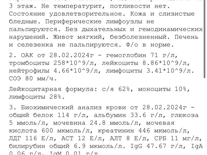 Бланк с клиническими данными и результатами анализов
