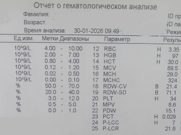 Распечатка анализатора: цитопения со снижением Hb до 97 г/л и PLT до 34×10⁹/л