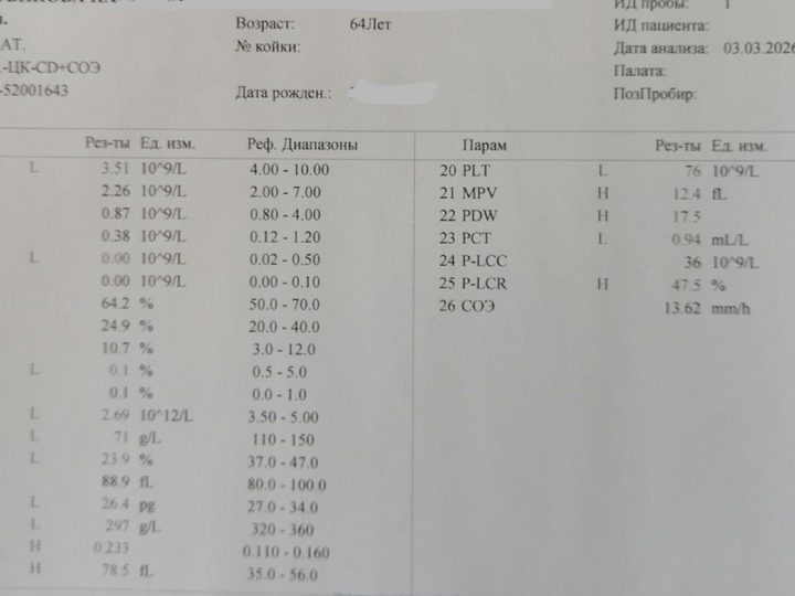 Распечатка анализатора: панцитопения (WBC 3,51, HGB 71 г/л, PLT 76)