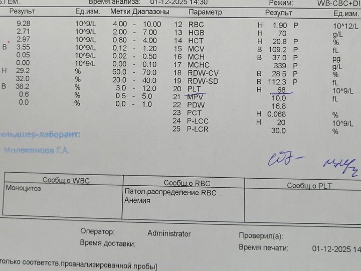 Распечатка анализатора: HGB 70 г/л, PLT 68×10⁹/л, моноцитоз 38,2%