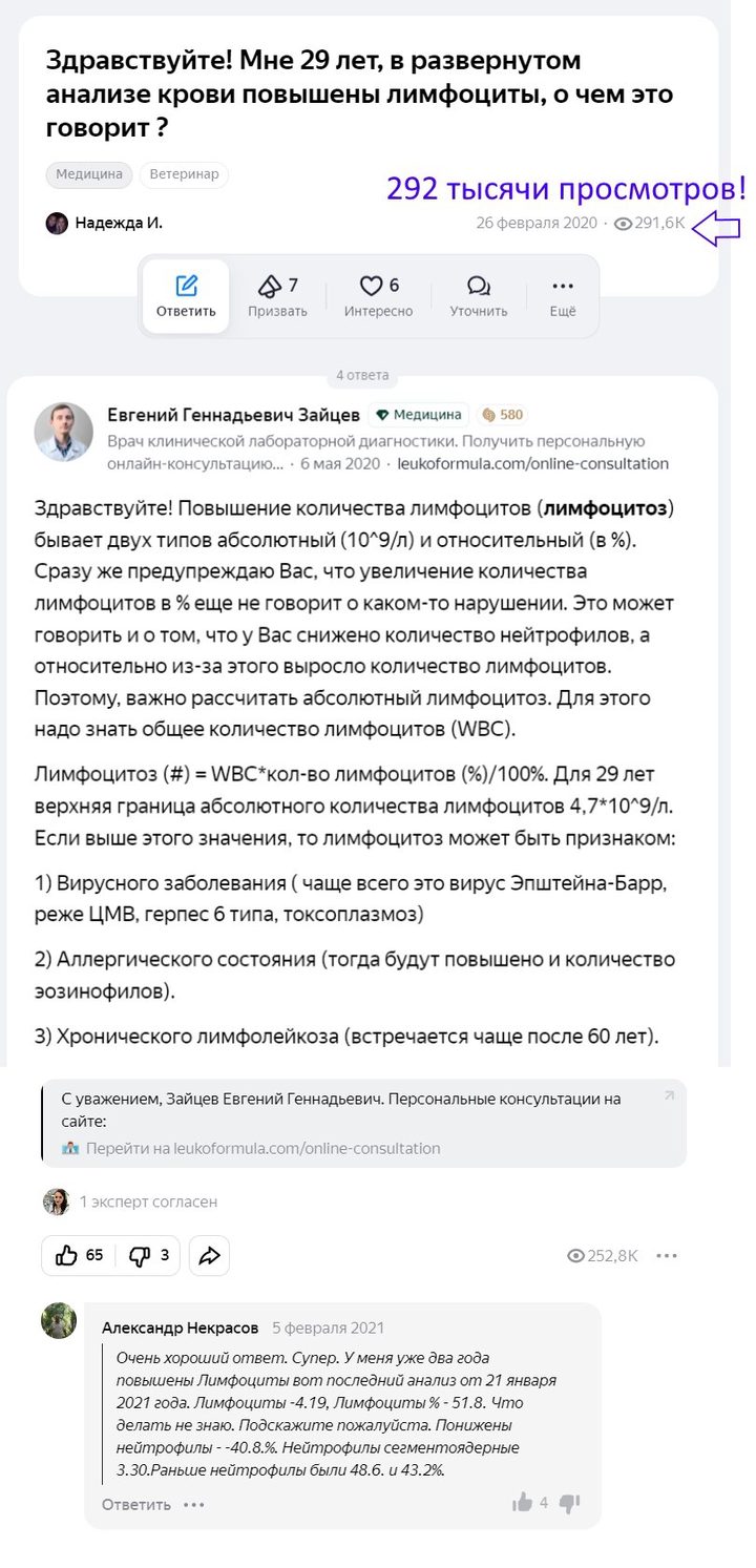 Скриншот онлайн-консультации о причинах абсолютного и относительного лимфоцитоза