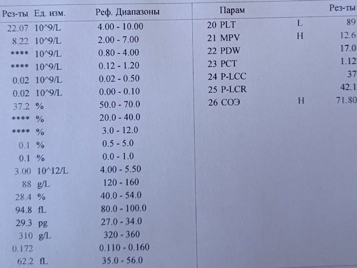 Complete blood count form: leukocytosis 22.07×10⁹/L, anemia and thrombocytopenia