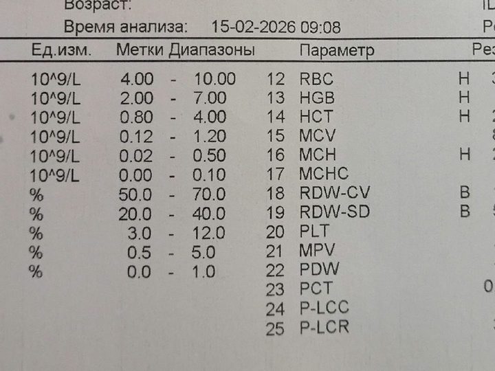 Analyzer printout: leukocytosis WBC 12.46×10⁹/L and decreased hemoglobin