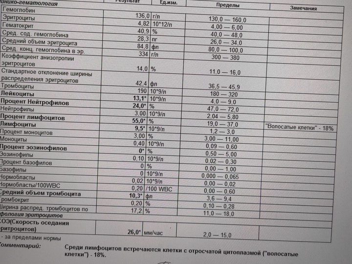 Бланк анализа крови с лимфоцитозом и примечанием о 18% волосатых клеток